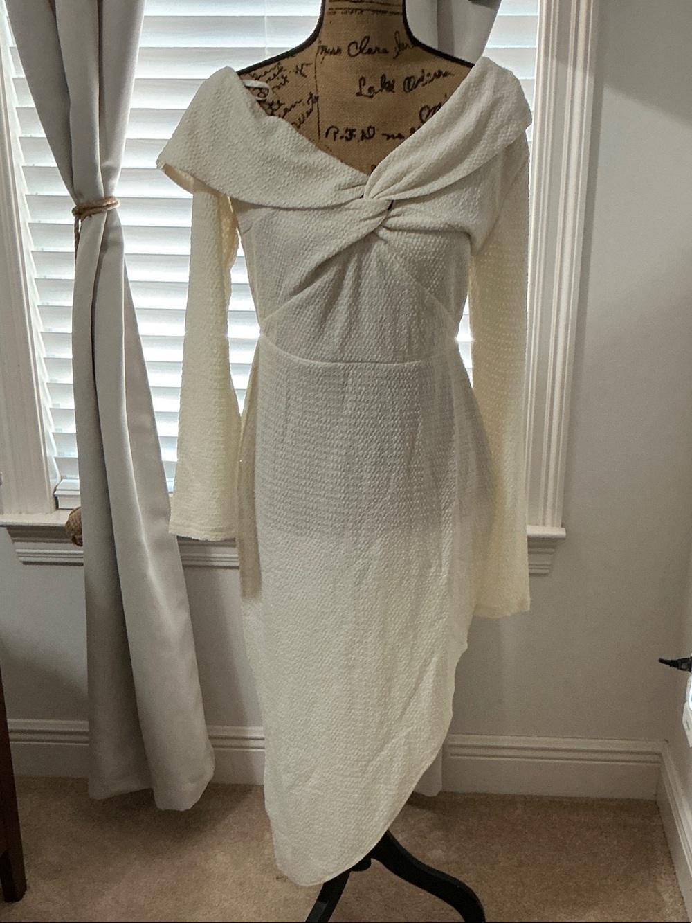 Off-Shoulder Twist Front Cream Midi Dress